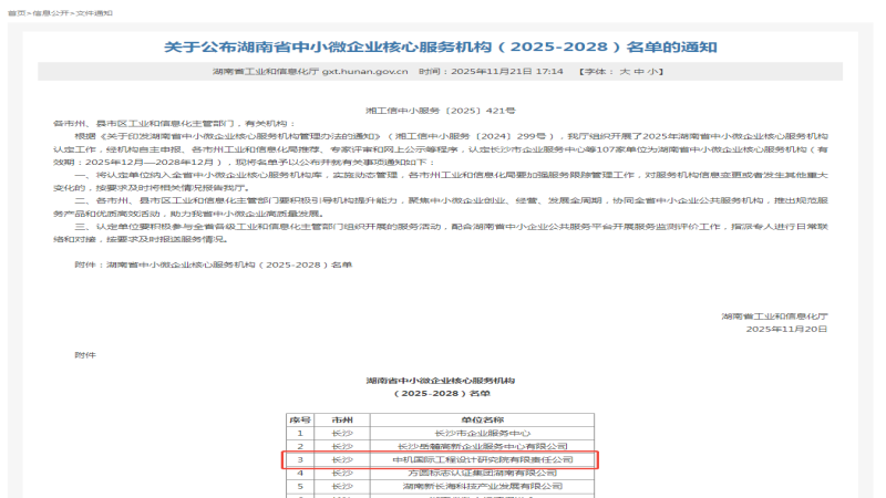 省级科技创新服务资质+1，中机国际获批2025年度湖南省中小微企业核心服务机构
